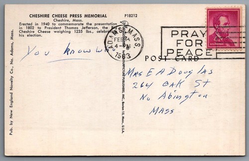 Cheshire Cheese Press memorial Cheshire Massachusetts Postcard - Picture 2 of 2