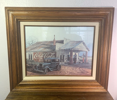Vtg Wood frame Print B B Barrick MOM & POPs PLACE Retro Coca Cola gas station US