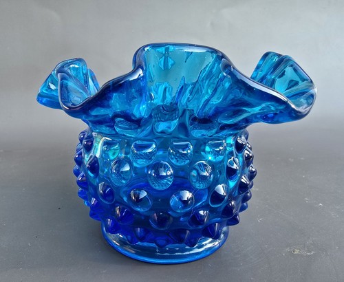  Colbalt Blue Hobnail 3" Ruffled Edge Bowl/Vase Vintage Handmade Art Glass