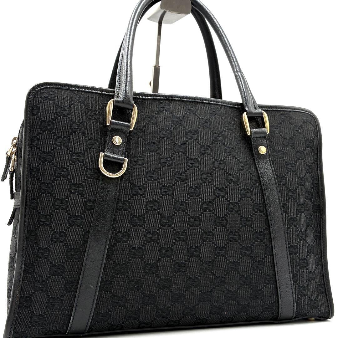 Gucci Tote Bag GG Canvas Leather Shoulder Black A4 Used
