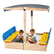 RUNSHED Kids Wooden Sandbox, Locking Lid, Canopy Foldable Benches