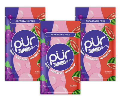 PUR Chewing Gum Natural Bubblegum, Grap, Watermelon Flavor, 20 Pieces (Pack of3)