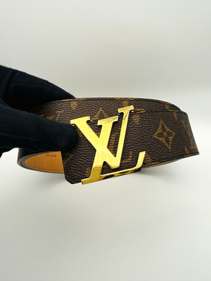 Louis Vuitton Monogram Brown Dress Belt Gold LV Logo Buckle Adjustable 95/38
