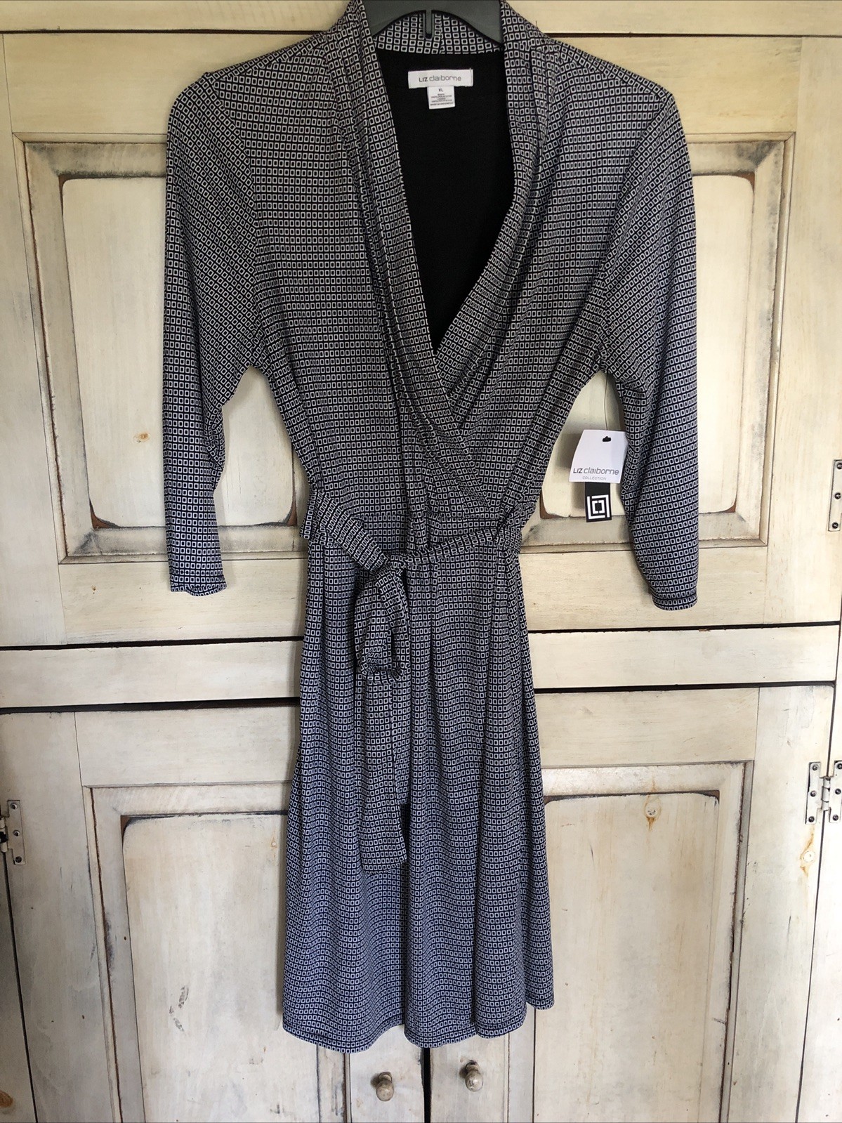 Liz Claiborne Faux Wrap Dress Womens XL  3/4 Sleeve Knee Length  NEW Black White