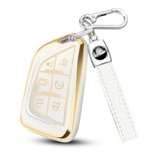 for Cadillac Key Fob Cover with Leather Keychain Gold 6-Buttons Gold/White