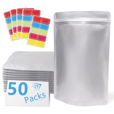 50 Pack Extra Thick 9.4 Mil 7''x10''-1 Quart Mylar Bags for One Size, Silver