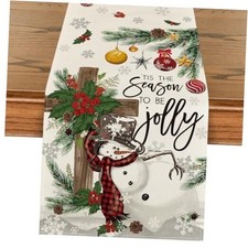 Holly Fir Snowman Leaves Christmas Table 13" x 120", Table Runner Beige