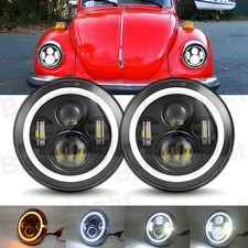 For Vw Beetle 1950-1979 2x 7incn Round Black Led Headlights Hilo Beam Halo Drl For Vw Beetle 1950-1979 2x 7incn Round Black Led Headlights Hilo Beam Halo Drl
