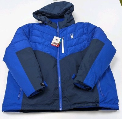 Mens Spyder Puffer Hooded Coat Thermo Web Extreme Cold Polyester Blue Sz 2XL