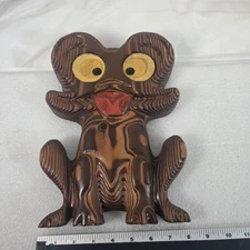 Hand-Carved Wooden Frog Wall Hanging Decor w/ Felt Eyes & Tongue Accent