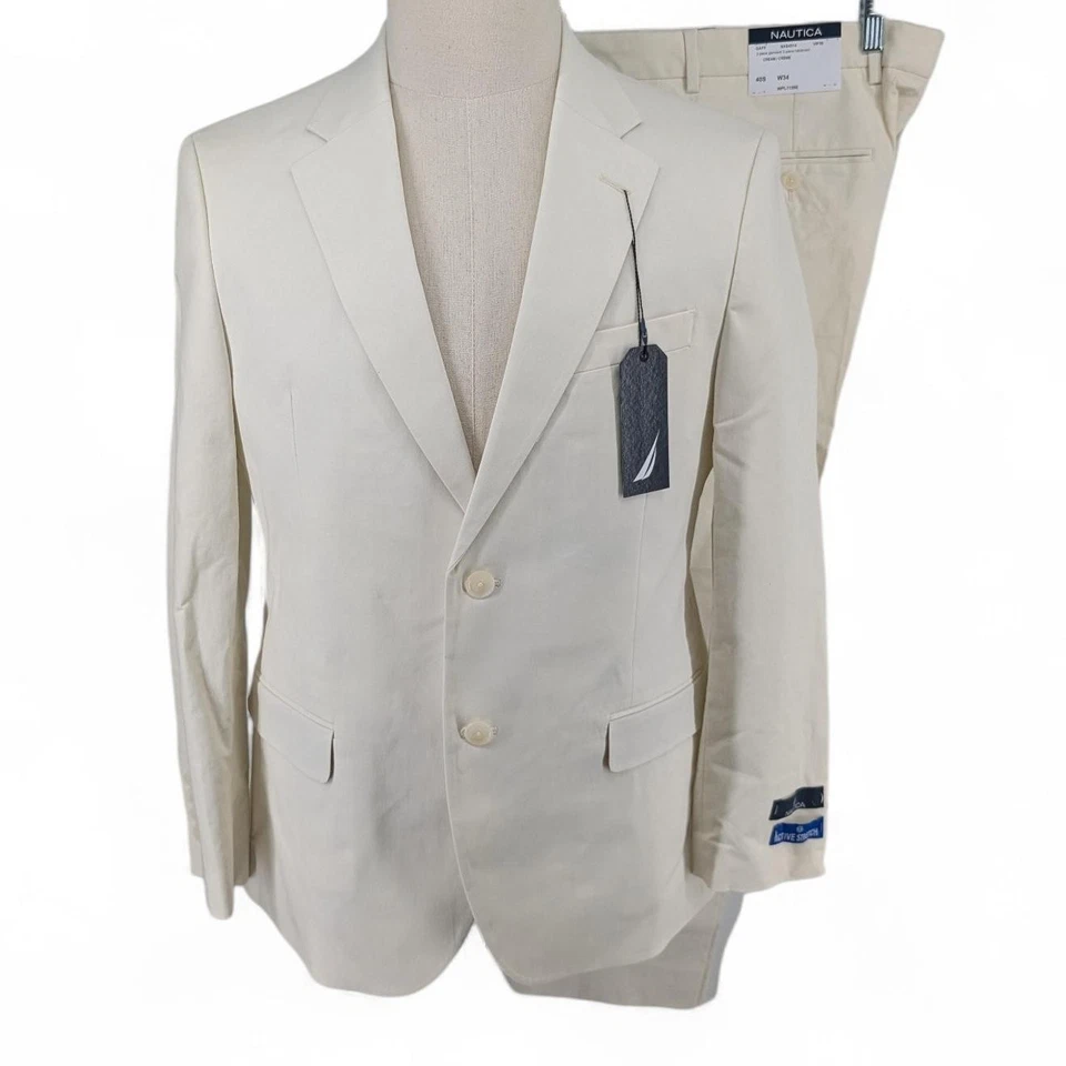 Nautica 男式现代版型 2 件套弹力西装夹克 40 S 裤子 34 x 29 奶油色 — 第 2/4 张图片