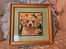Completed Needlepoint Golden Retriever Labrador Dog Puppy Matted Framed Small