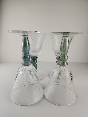 4 Pottery Barn Handblown Bubble Art Glass Wine Water Goblets Green Iridescent 7" - Picture 3 of 7