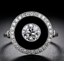 Beautiful Art Deco Style Hand Engraved and Mil-Grained Black Onyx & Old CZ Ring