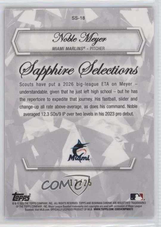 2023 Bowman Chrome Draft Sapphire Edition Orange Refractor /25 Noble Meyer - Image 2 of 2