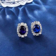 2Ct Oval Cut Lab-Created Blue Sapphire Halo Stud Earrings 14K White Gold Plated