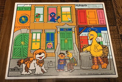 Vintage Playskool Here's Sesame Street Wooden Puzzle Complete 376-2 Wood Pegs