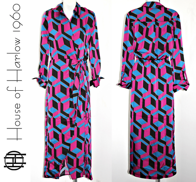 House of Harlow Satin Wrap 52"Long Maxi Dress Geometric Print Long Sleeve  sz S/M | eBay