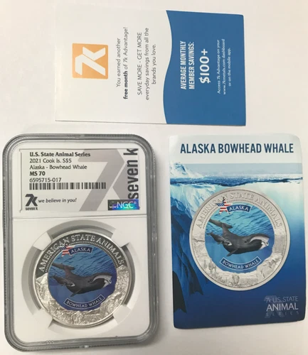 2021 Cook Islands $5 1oz .999 Silver - Alaska Bowhead Whale - NGC MS70