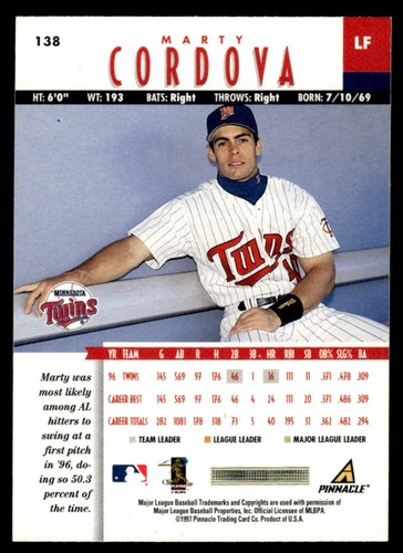 1997 New Pinnacle Marty Cordova Minnesota Twins #138 - Picture 2 of 2
