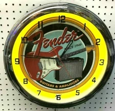 16" FENDER GUITAR Metal Sign Yellow Neon Wall Clock Amplifier Music Studio