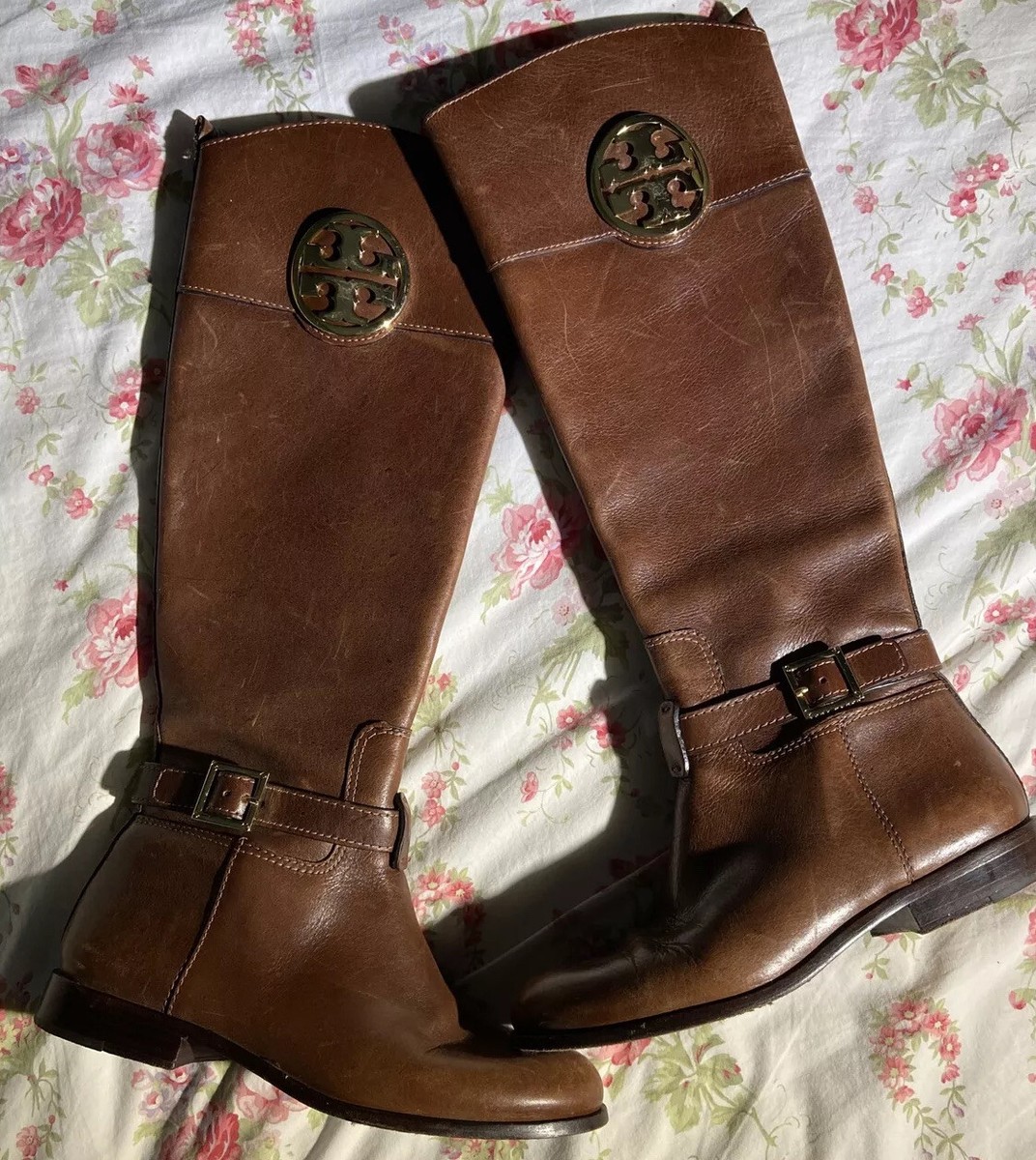 Tory Burch Tall Riding Boots Brown 5.5 Gold Emblem | eBay display picture 1