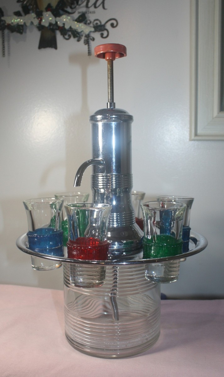 VINTAGE MCM ART DECO LIQUOR CORDIAL DISPENSER with PUMP, CARRIER