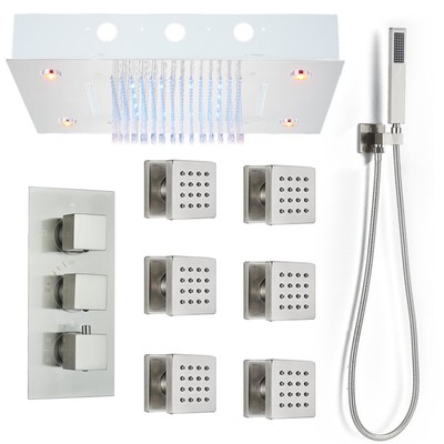 14''x20'' Chrome Thermostatic LED Color Change Shower Faucet Massage Jet Head Comb
