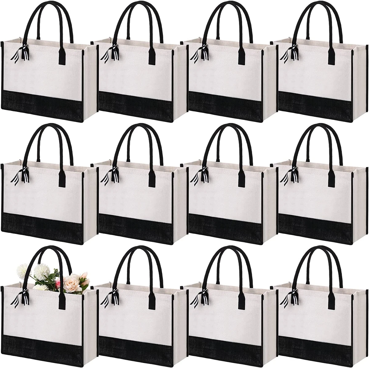 12 Pack Burlap Tote Bags Bulk White Black Large Burlap Tote Bags