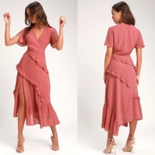 Lulus Next To You Rusty Rose Swiss Dot Ruffled Midi Dress XS