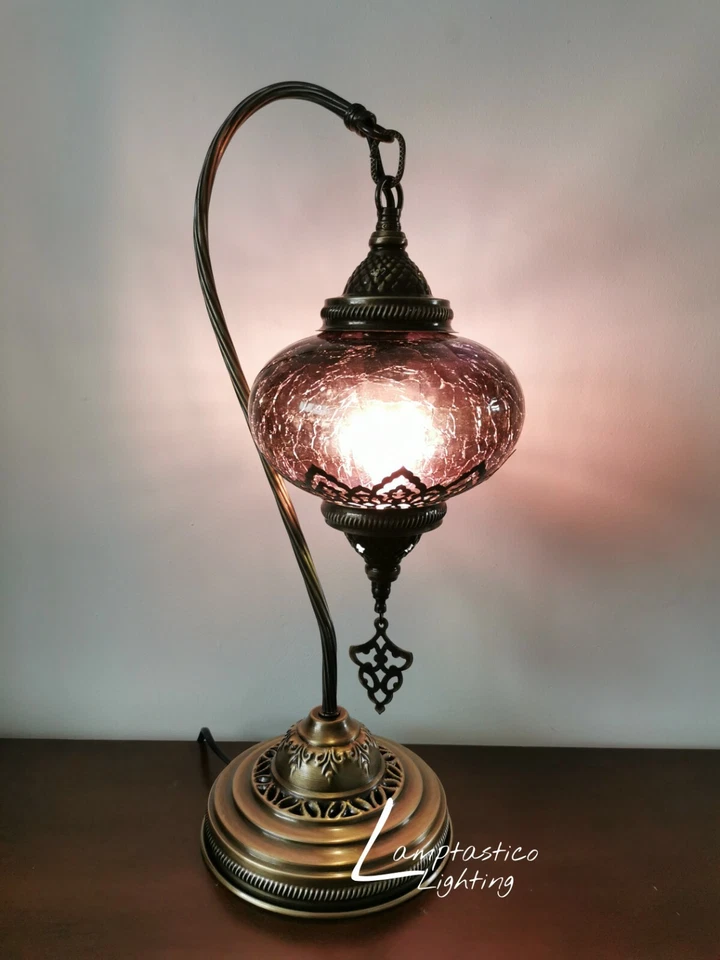 Free UK/EU Led Bulb, Crackle Glass Swanneck Bedside Lamp, Statement Light - Image 2 of 4