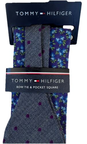 Tommy Hilfiger Bow Tie & Pocket Square ~ Purple Blue Floral ~ NEW