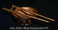 5.2" Old Chinese Bronze 24K Gold Gilt inlay Gems Vessel Bowl Chopsticks Set 