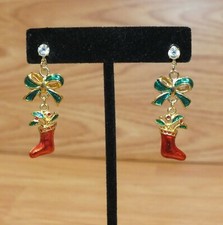 Red Green Gold Toned Christmas Themed Stocking Dangle Earrings READ