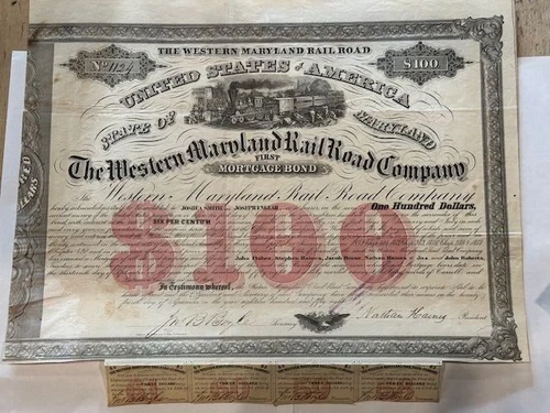 Rare 1858 Western Mayland Railroad Company First Mortgage Bond $100 Certificate
