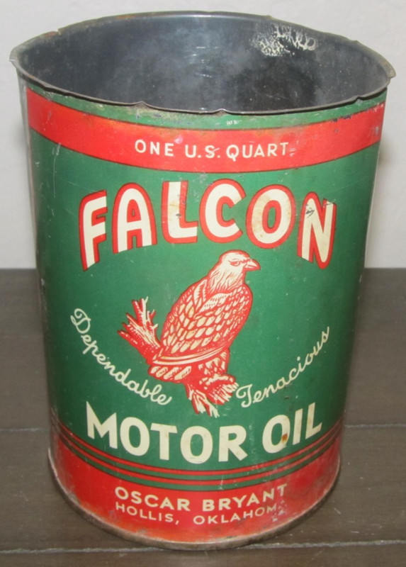 Vintage Falcon Motor Oil Can Quart Empty No Lid Hollis, OK Oklahoma Good Graphic