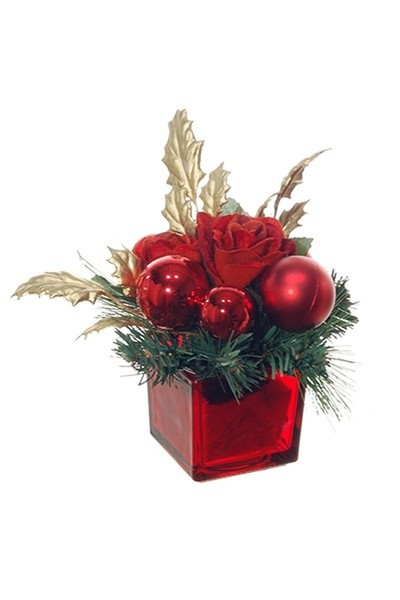 artplants Deko Gesteck Rose, Kiefer, Ilex, Dekoglas, Rot-Gold, 13Cm, Ø19Cm-image