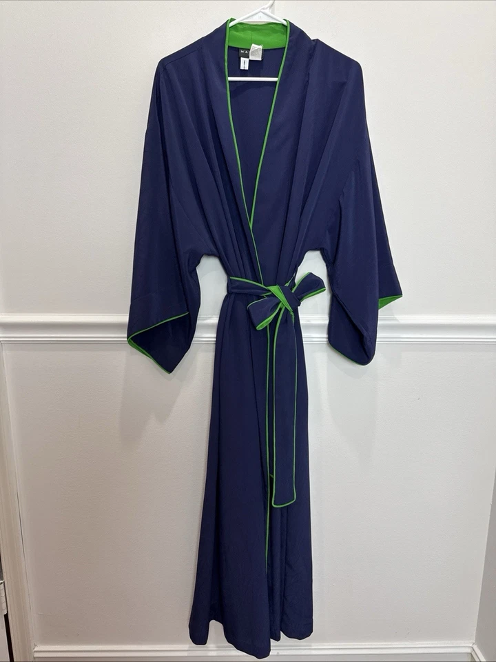 Темно-синий шелковистый креп Natori держит моно стиль макси надежном халат с зеленой отделкой M - Изображение 3 из 4
