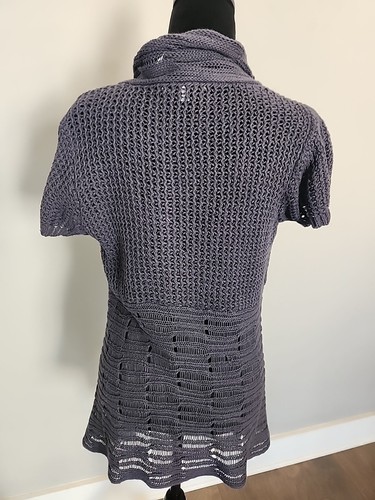 CABI Cardigan donna cottage aperto davanti maglia blu/grigio maniche corte cappuccio M - Foto 6 di 10