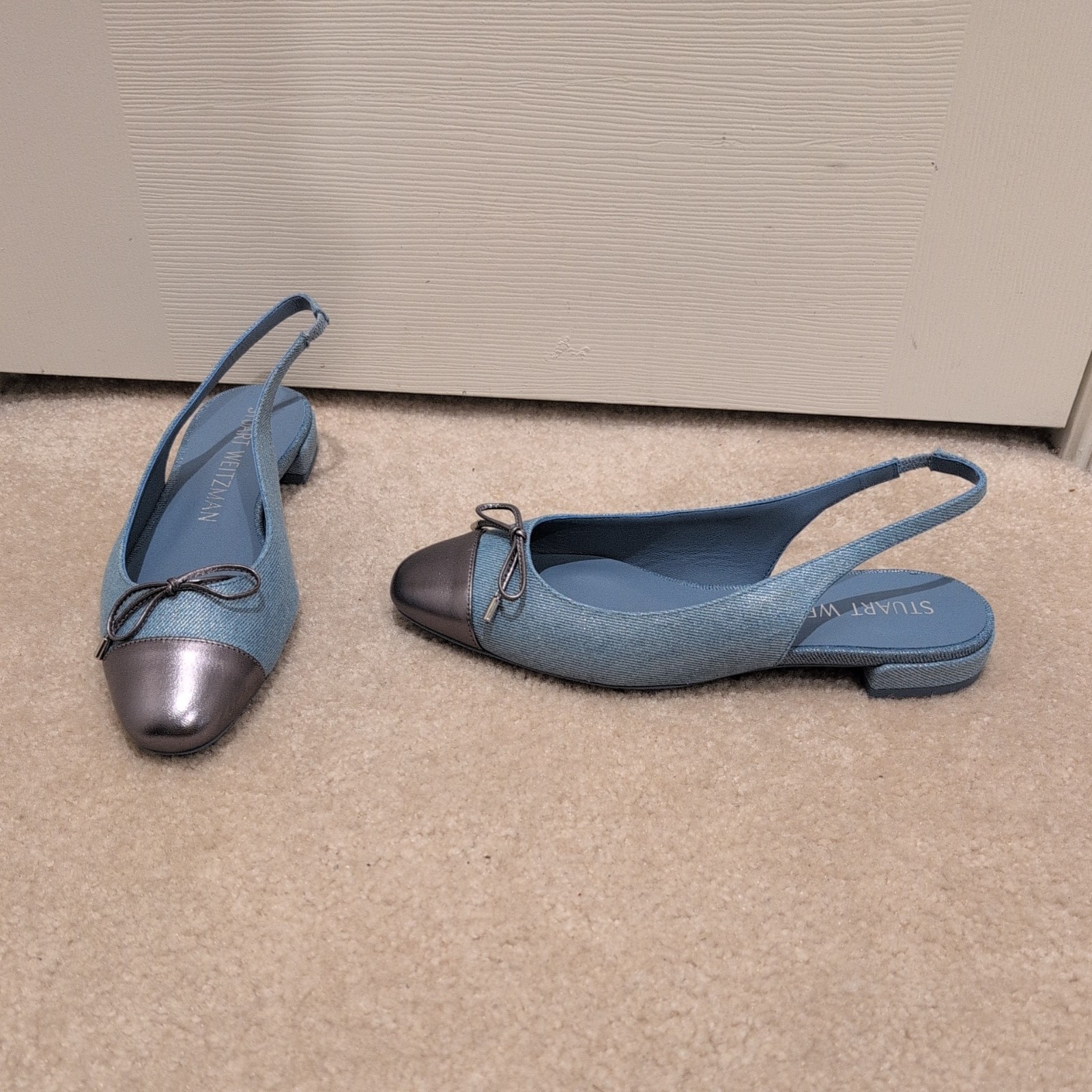 NEW Stuart Weitzman Women's Denim and Leather Metallic Weave Cap Flats Size 9B