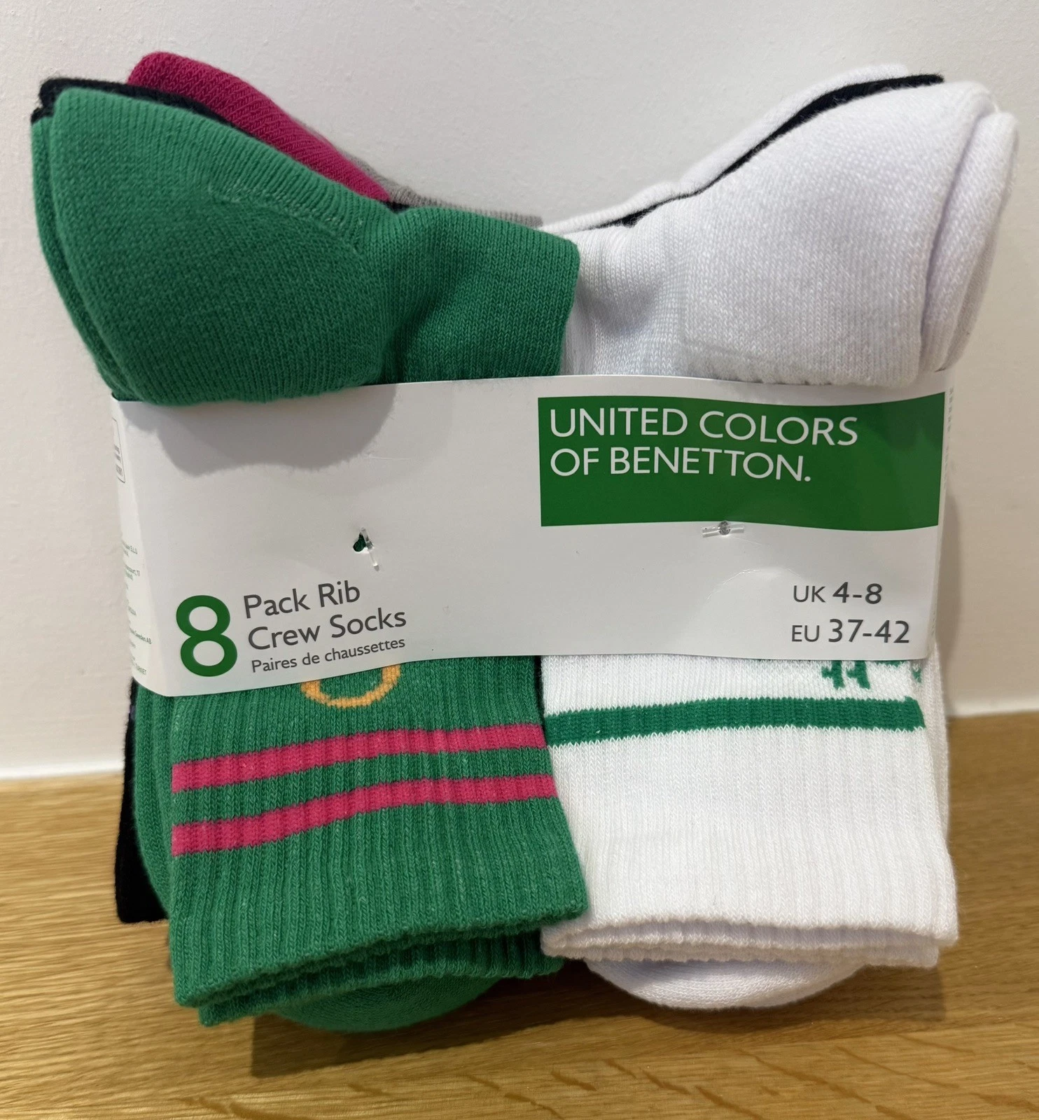United Colors of Benetton Women’s 8 Pack Rib Crew Socks Size UK 4-8 Multi Colour