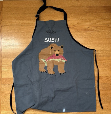 Hatley Apron Womens One Size Blue Alaska Sushi Bear Eating Fish Bib Adult Unisex
