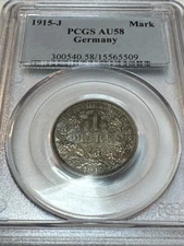 1915J 1 Mark PCGS AU58 German Empire Silver Coin Beautifully Toning