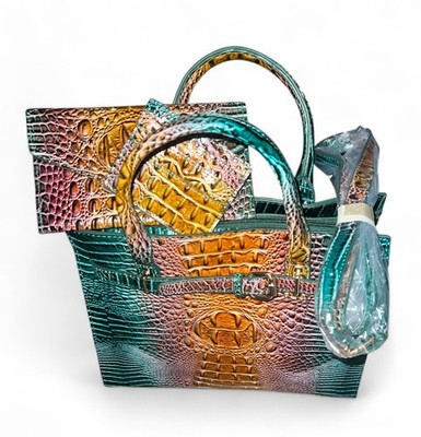 New 3-Piece Gradient Crocodile Tote Set Matching Wallet Coin Pouch Emerald Green