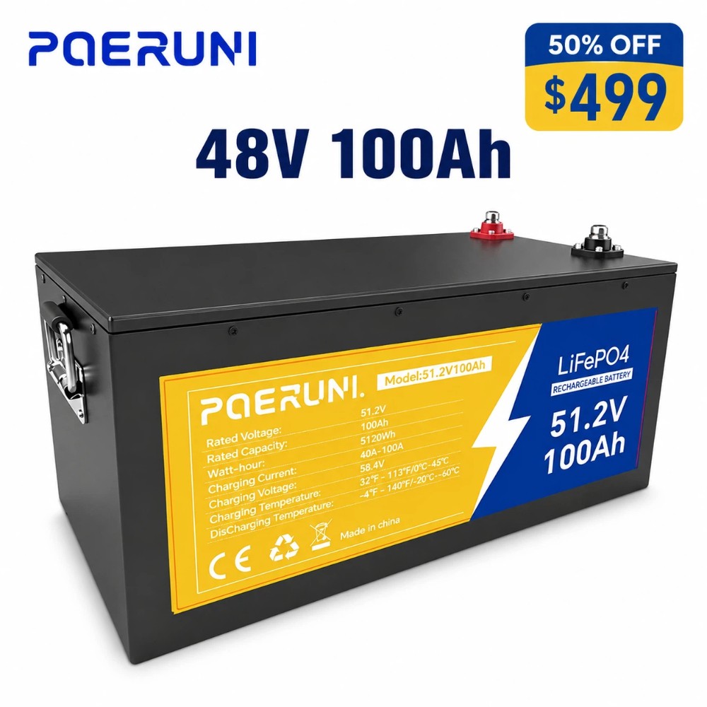 POERUNI 48V 100Ah LiFePO4 Lithium Battery 5120Wh LCD Monitor Golf Cart Bluetooth