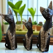 Wooden cat figurine set hand carved painted 9.5 - 13  Amazing 3-D detail Vtg 80