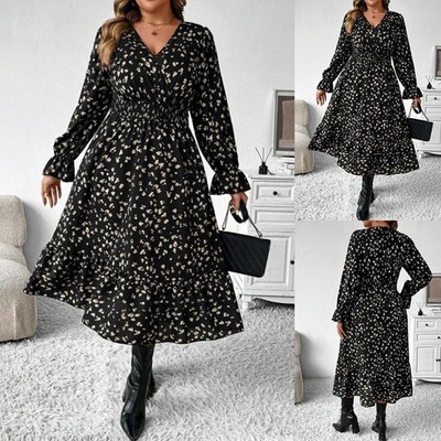 Damen Blumen Langarm Midikleid Freizeitkleid V-Neck A-Linie Reisekleid Übergröße