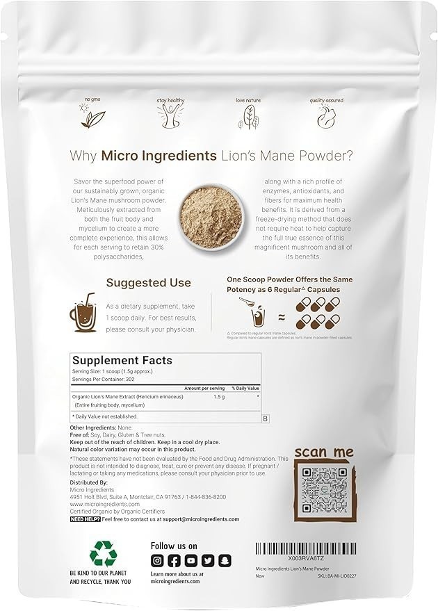 Organic Lion’s Mane Mushroom Powder, 16oz | Pure Fruiting Body Superfood