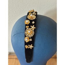 Vintage Handmade Black Headband With Gold Brass And Rhinestone Details / Retro