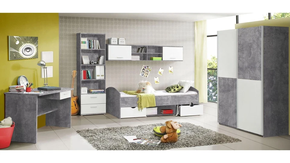 Jugendzimmer Set Lupo Schrank Bett Regal Schreibtisch in Beton grau und weiß
